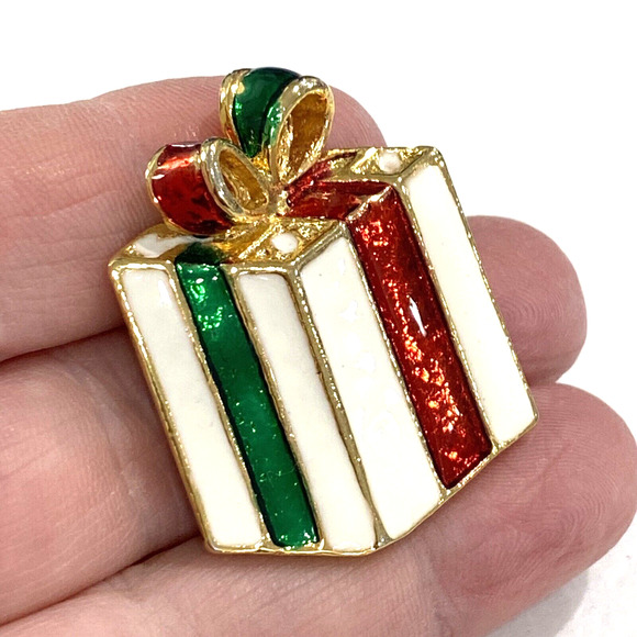 Vintage Christmas holiday brooch festive wrapped gift motif enamel on goldtone - Picture 4 of 6